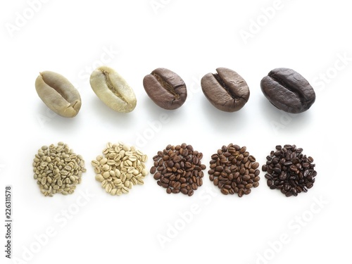 Raw, light, medium and dark roast coffee beans