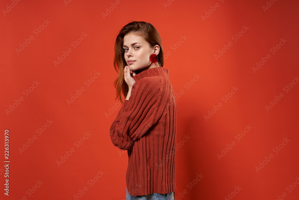woman in red sweater side view