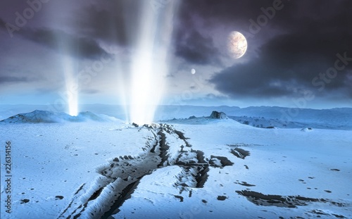 Geysers on extrasolar ice world, illustration photo