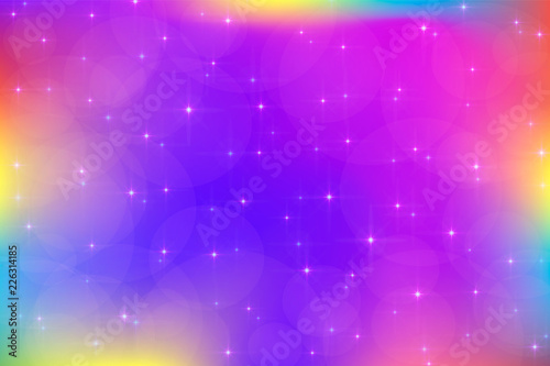 Colorful Holographic pretty vector illustration in pastel color. Galaxy fantasy background. The Pastel sky for unicorn. Sky with bokeh. Cute bright pattern. Romantic purple backdrop for girl.