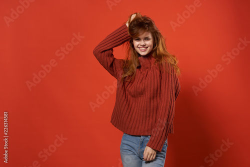 woman in jeans and red sweater free place © SHOTPRIME STUDIO