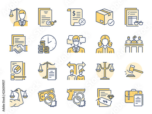 Legal services filled color line icon set. Included icons as law, lawyer, judge, court, advocacy and more.