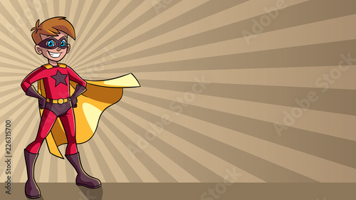 Illustration of super hero boy smiling happy while wearing cape against ray light background for copy space.