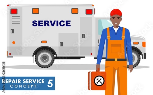 Repair service concept. Detailed illustration of service machine and repairer on white background in flat style. Vector illustration.