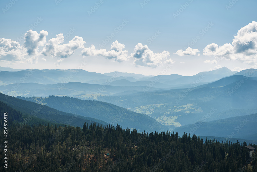 Amazing landscape of beautiful green Carpathian hills covered with deep forest