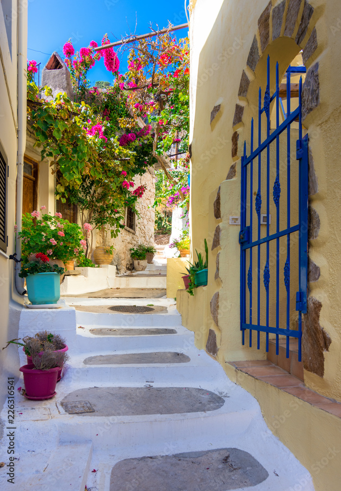 Narrow street in the old village of Kritsa, Crete, Greece 