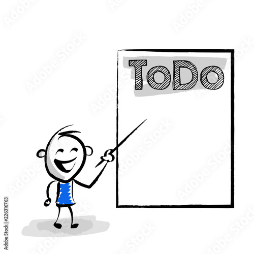 Strichfigur zeigt auf Whiteboard auf To-Do-Liste