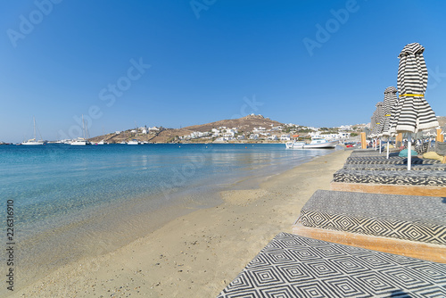 Fototapeta Naklejka Na Ścianę i Meble -  Ornos beach and village - Mykonos island - Aegean sea - Greece