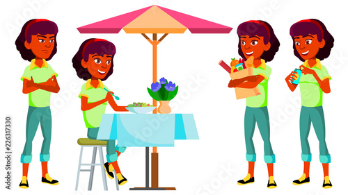 Teen Girl Poses Set Vector. Indian, Hindu. Asian, Positive. For Presentation, Print, Invitation Design. Isolated Cartoon Illustration