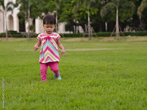 Wallpaper Mural Asian toddler learning to walk on green grass outdoor. Torontodigital.ca