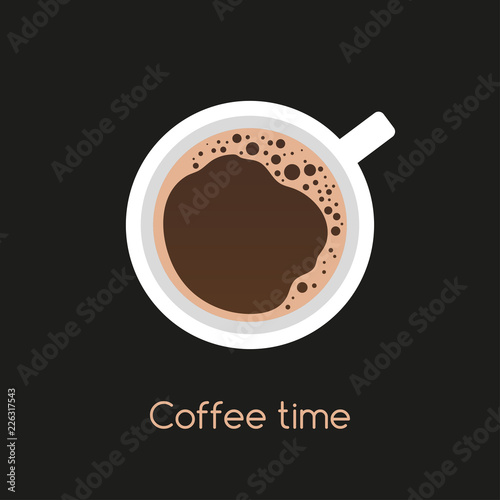 Fragrant black espresso with foam, top view. Cup of coffee and place for your text.
