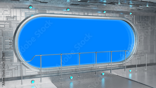 Fototapeta Naklejka Na Ścianę i Meble -  White tech spaceship round window interior background 3D rendering