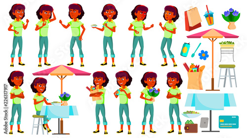 Teen Girl Poses Set Vector. Indian, Hindu. Asian. Face. Children. For Web, Brochure, Poster Design. Isolated Cartoon Illustration