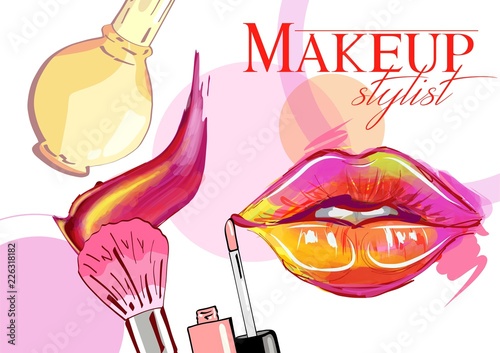 Vector hand drawn illustration of colorful women lips and makeup brushes. Concept for beauty salon, cosmetics label, cosmetology procedures, visage and makeup.