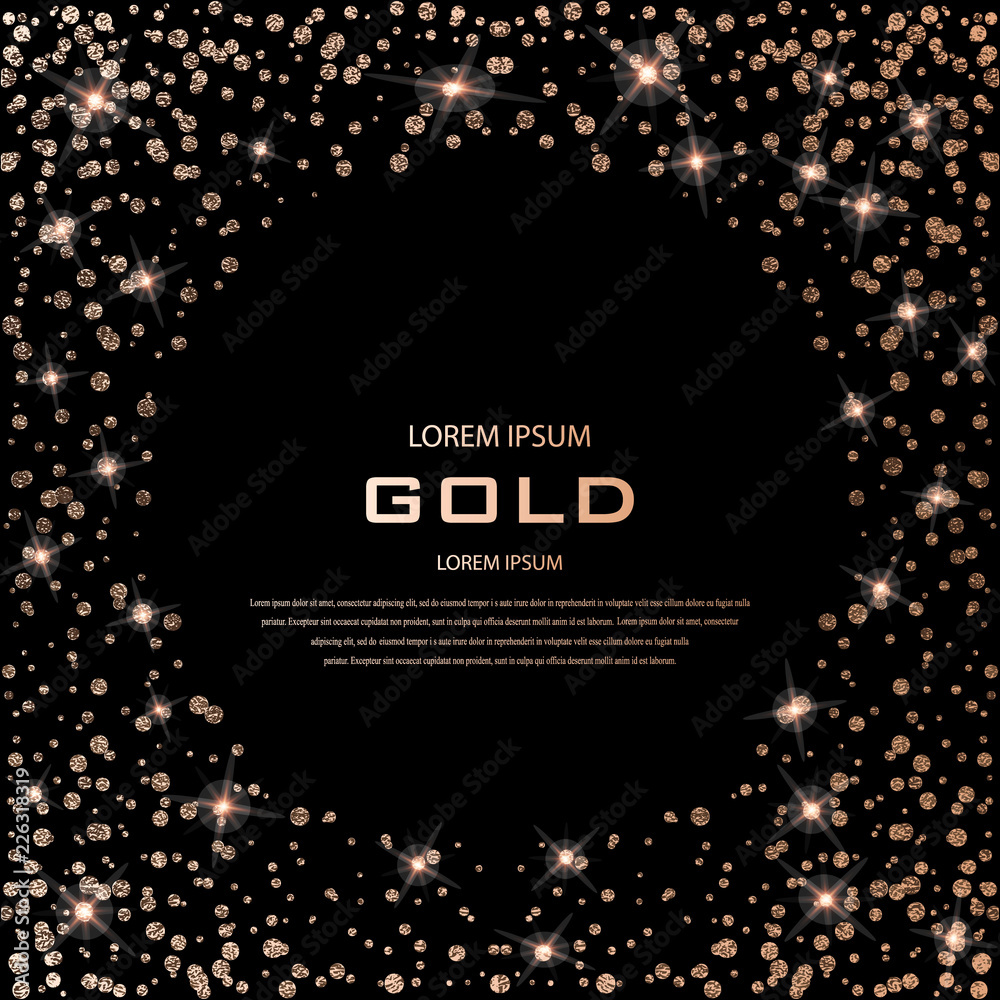 Golden Festive confetti. Bronze Polka dot. Gold glitter background for the  card, invitation. Copper Holiday Decorative element. Illustration of  falling shiny particles on black background. Stock Vector | Adobe Stock