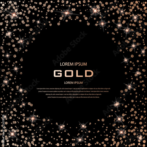Golden Festive confetti. Bronze Polka dot. Gold glitter background for the card, invitation. Copper Holiday Decorative element. Illustration of falling shiny particles on black background.