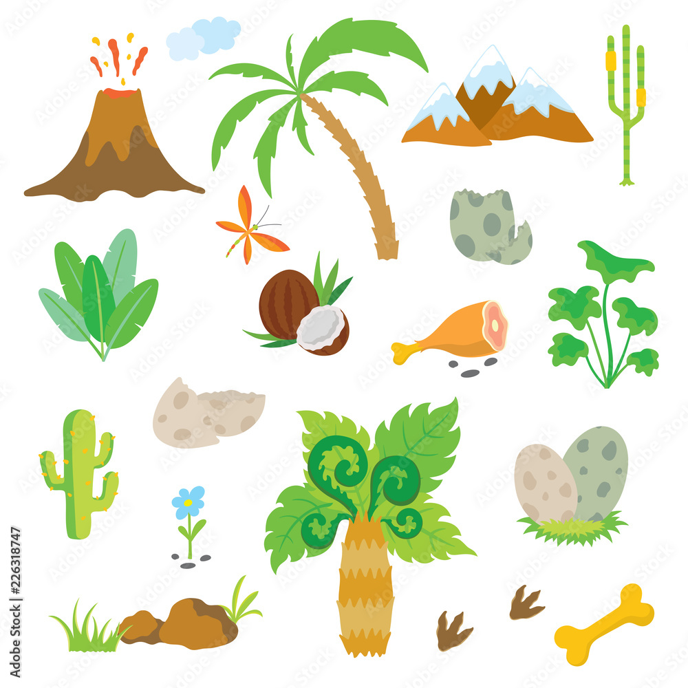 Obraz premium Dinosaur footprint, Volcano, Palm tree and other design elements