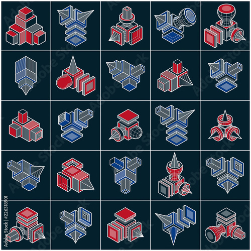 3D designs, set of abstract vector shapes.