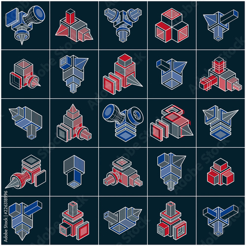 Abstract vectors set, isometric dimensional shapes collection.