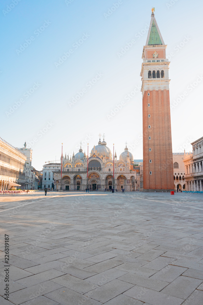 facade of cathedral church and bellfry of San Marco, Venice, Italy