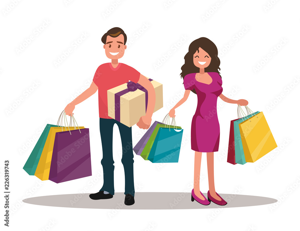 Happy family couple with shopping. Man and woman with bags. Big Sale. Happy family couple with shopping. Man and woman with bags. Big Sale.