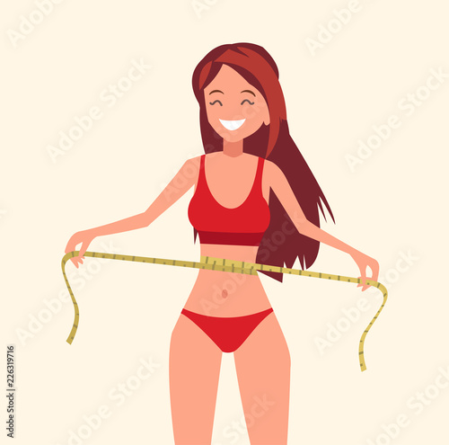 Girl measuring her waist. Correction and weight loss. Vector illustration.