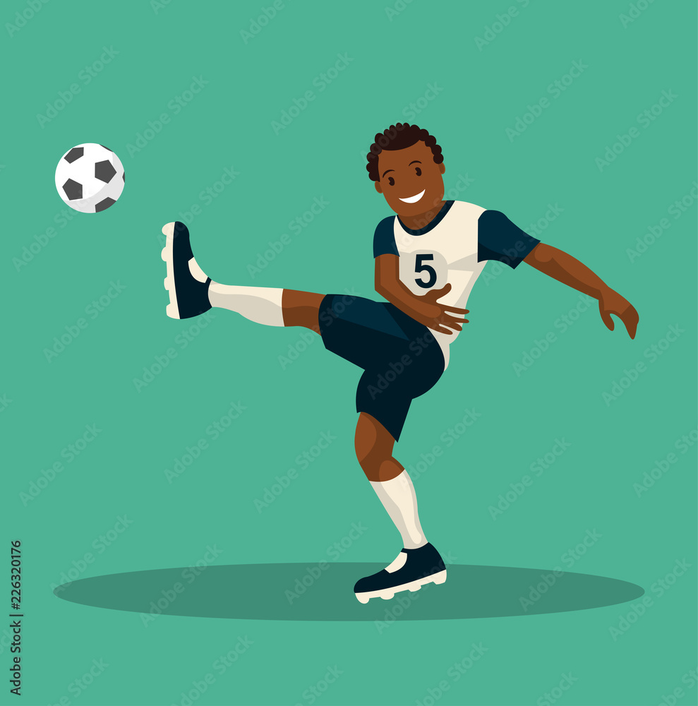 Dark-skinned soccer player scores a goal. Vector illustration