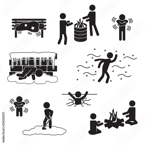 People in winter, freezing, in cold icon set. Vector. 