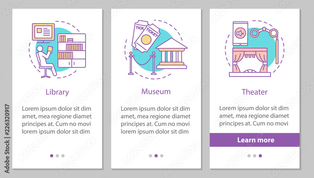 Entertainment and leisure onboarding mobile app page screen with Entertainment and leisure onboarding mobile app page screen with