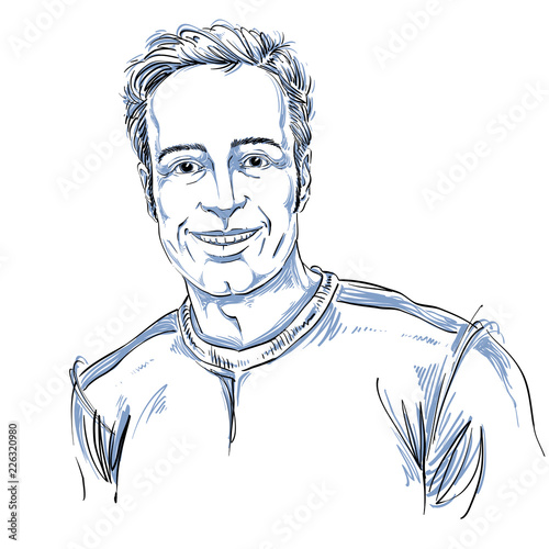 Vector art drawing, portrait of smiling jolly guy isolated on white. Facial expressions, people positive emotions. Happy male portrait.