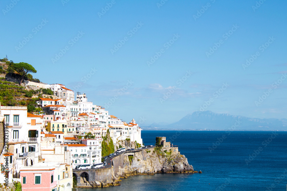 Panoramic view of the city and sea on the sunny day.Amalfi.Italy.