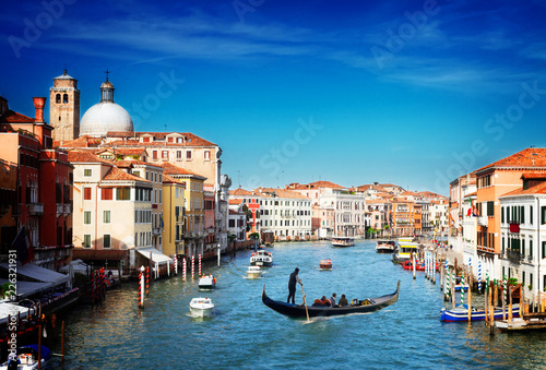 Grand canal with Gondolas and boats at sunny day  Venice  Italy  retro toned