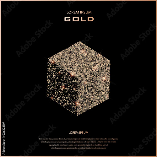 Geometric figure of points. Dot semitone geometric figure. Halftone vector illustration. 3D cube. Modern, minimal design. Copper glossy background. Bronze metal. Rose quartz sparkling background