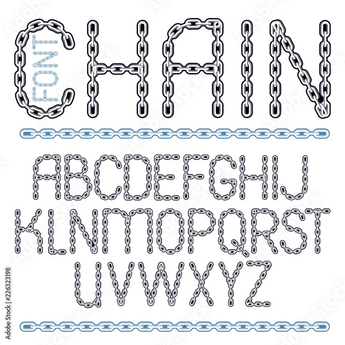 Vector script, modern alphabet letters set. Capital creative font made with iron chain, linked connection.