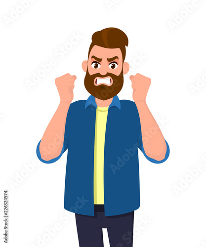 Angry man raised fist and shout or screaming expression. Man expresses negative emotions and feelings, shouts loudly and desperately. Human emotion and body language concept illustration in cartoon.