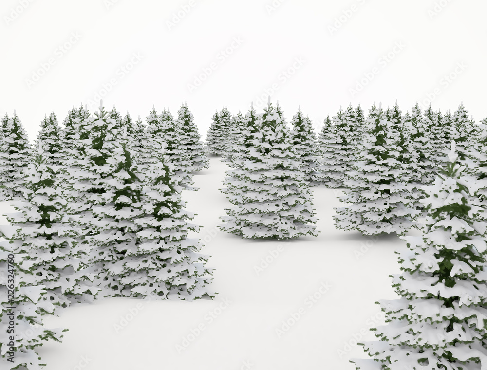 Winter landscape 3d vector style snow covered pine trees Christmas background isolated
