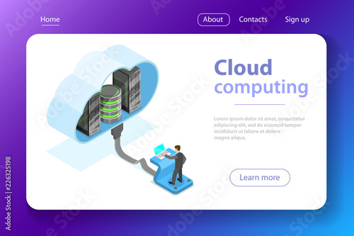 Isometric flat vector concept of cloud computing technology, data storage and hostiung, big data.