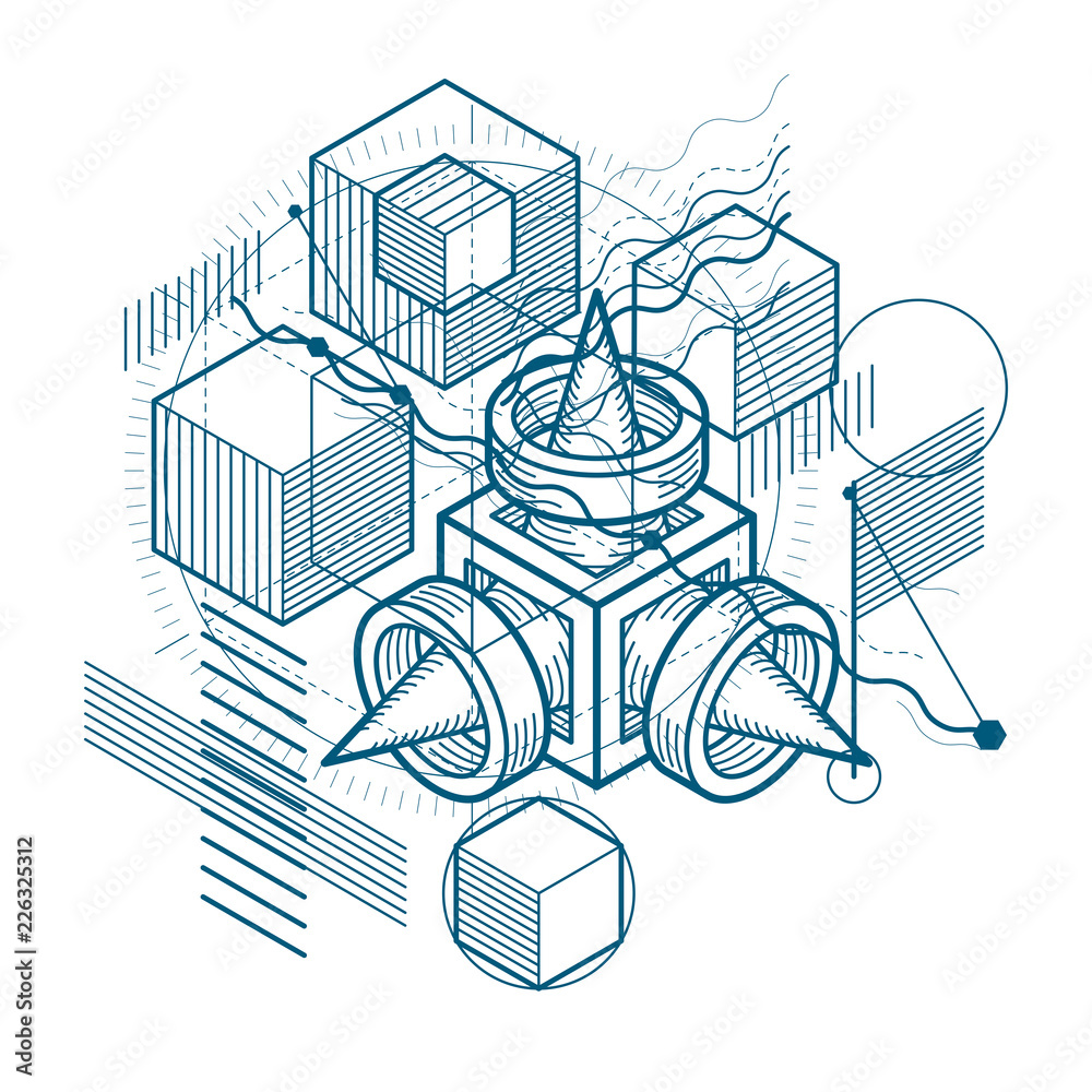 Fototapeta premium Abstract 3d shapes composition, vector isometric background. Composition of cubes, hexagons, squares, rectangles and different abstract elements.
