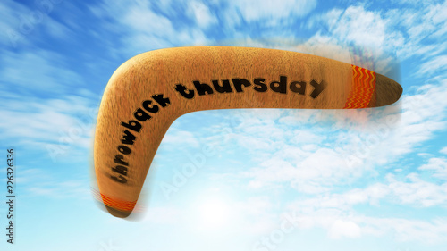 3D illustration of flying boomerang that has throwback Thursday words on it with light cloudy background