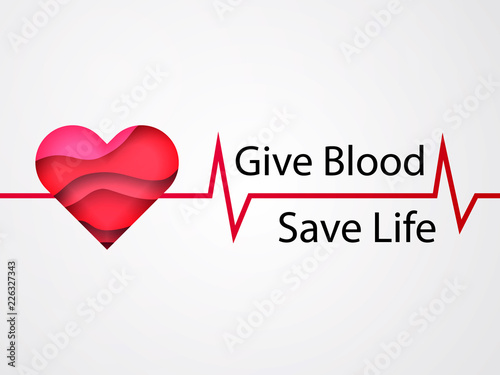 Heart with 3d paper cut effect. Give Blood Save life. Vector illustration