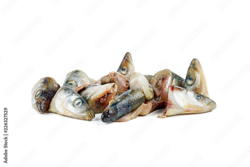 Garbage: raw european smelt fish heads isolated on white background Garbage: raw european smelt fish heads isolated on white background