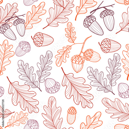 Seamless pattern of oak leaves and acorns. Autumn line drawing. Vector
