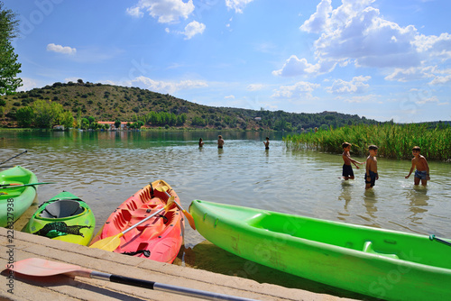 Lagunas de Ruidera, Spain - September 22, 2018: Canoes ready for use in the Lagunas de Ruidera.
