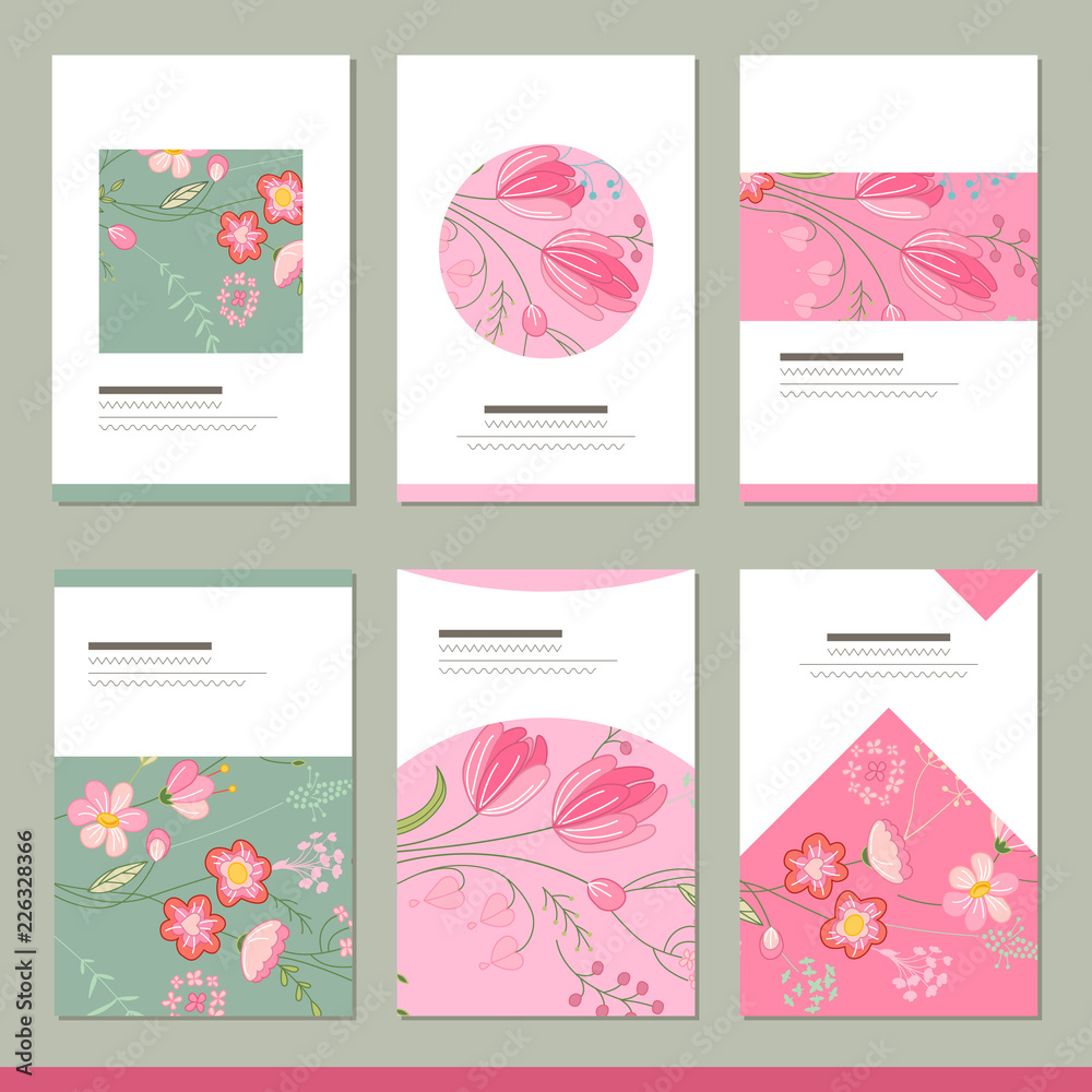 Set with six floral romantic templates. Tulips and herbs