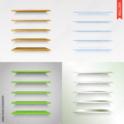 Big Set of Glass, Wood, Plastic, Metal Shelves in Vector Isolated on the Wall Background