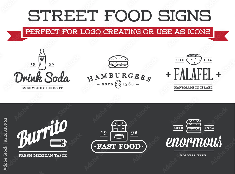 Fototapeta premium Set of Vector Street Food Fastfood Signs with Icons can be used as Logo or Icon in premium quality