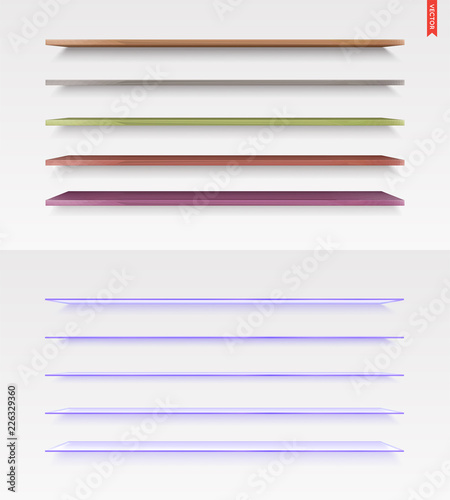 Set of Glass, Wood, Plastic, Metal Long Shelves in Vector Isolated on the Wall Background