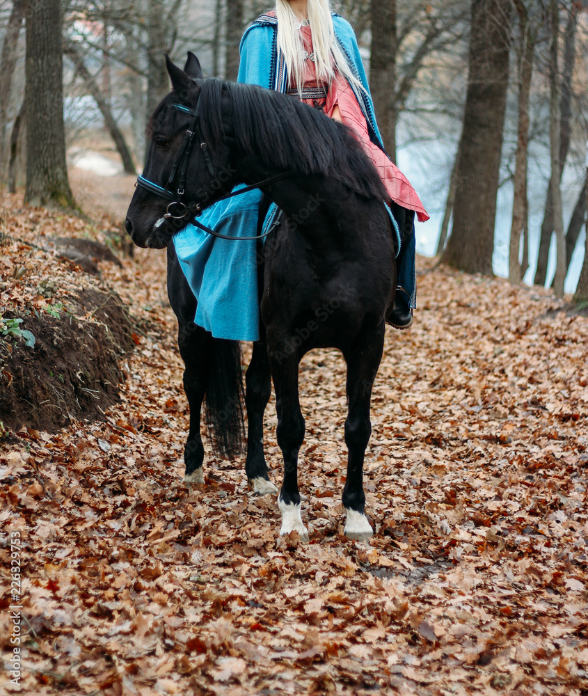 a girl with long hair, blonde hair, sits on the back of a black horse, in a blue cape and a vintage dress. throne, queen Stock Photo | Adobe Stock a girl with long hair, blonde hair, sits on the back of a black horse, in a blue cape and a vintage dress. throne, queen Stock Photo | Adobe Stock