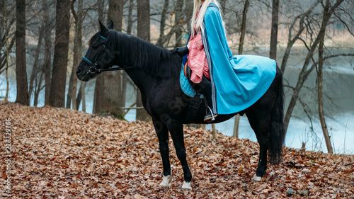 a girl with long hair, blonde hair, sits on the back of a black horse, in a blue cape and a vintage dress. throne, queen