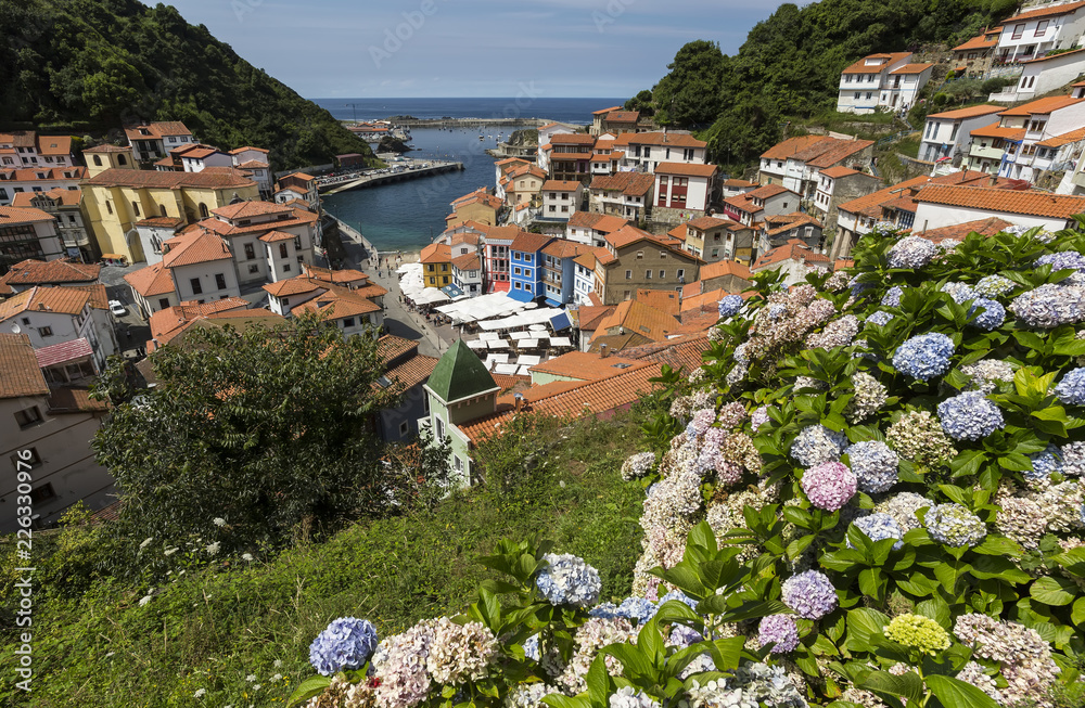 Spain, Asturias, Cudillero, Cuideiru: Colorful traditional houses with red roof tops and port in the city center of the small Spanish village.